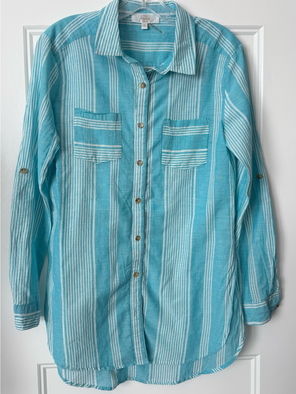 Entro Turquoise Blue White Stripe Cotton Tunic Shirt S Lightweight
